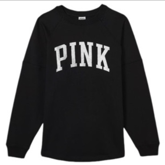 NWOT Pink by Victorias Secret Black & Silver Glittered Graphic Fleece Sweatshirt - Picture 1 of 4
